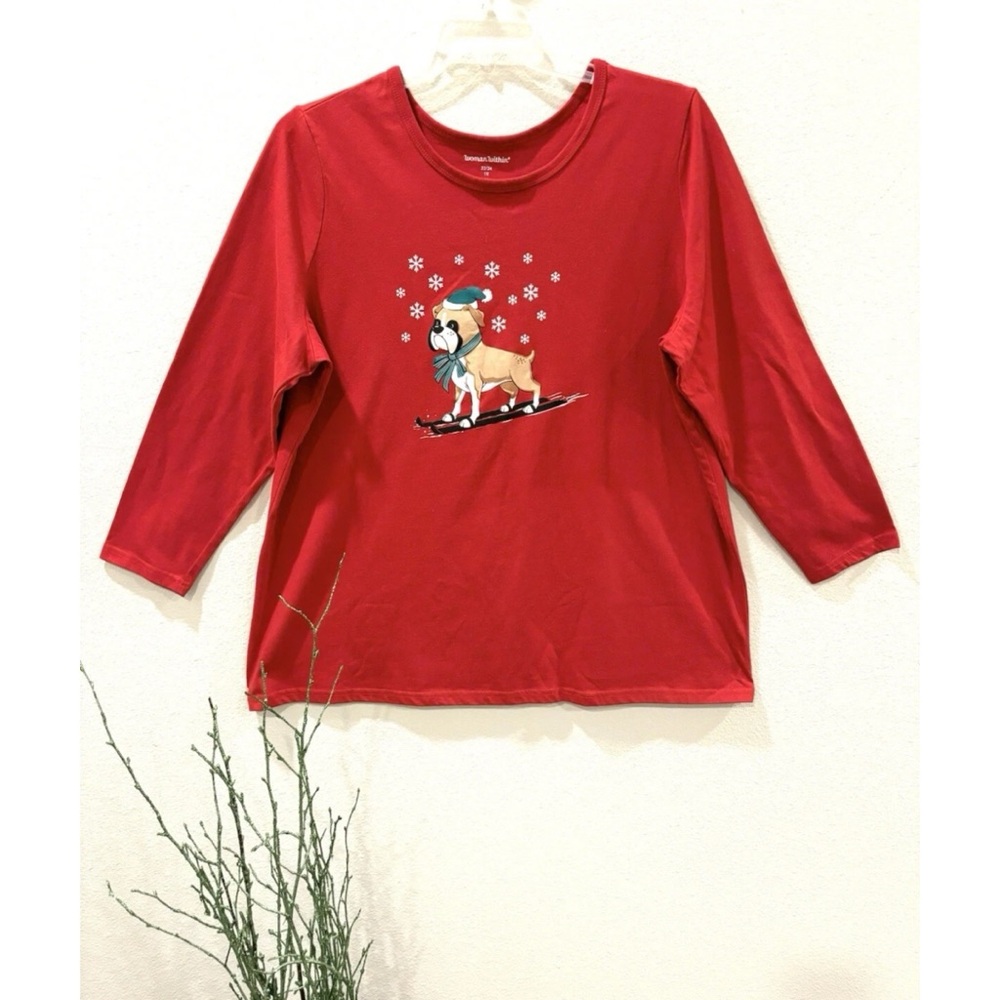 WOMAN WITHIN RED CHRISTMAS BULLDOG THEME TUNIC 1X 100% COTTON LONG SLEEVE WINTER